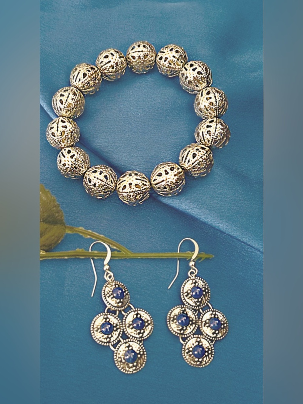 Silver Colored Filigree Bead Bracelet and Blue Bead Drop Earrings Set